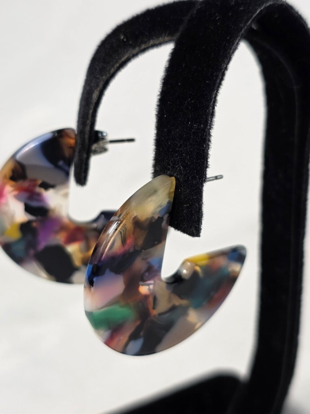 Chunky C-Shaped Resin Acrylic Earrings Vibrant Rainbow Tortoise Shell Pattern